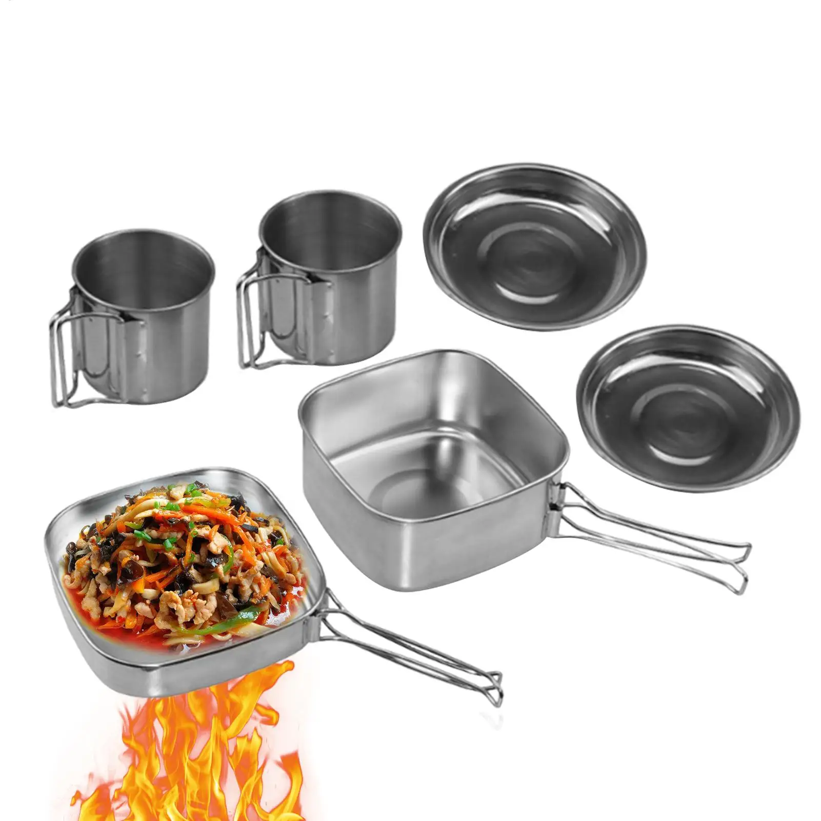 

6pcs/set Stainless Steel Cookware Sets Camping Cooking Frying Pans Stockpots Stewing Frying Portable Outdoor Kitchenware