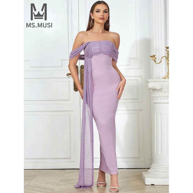 

MSMUSI 2025 New Fashion Women Sexy Off The Shoulder Lace Draped Sleeveless Backless Bodycon Party Club Slim Maxi Dress Long Gown