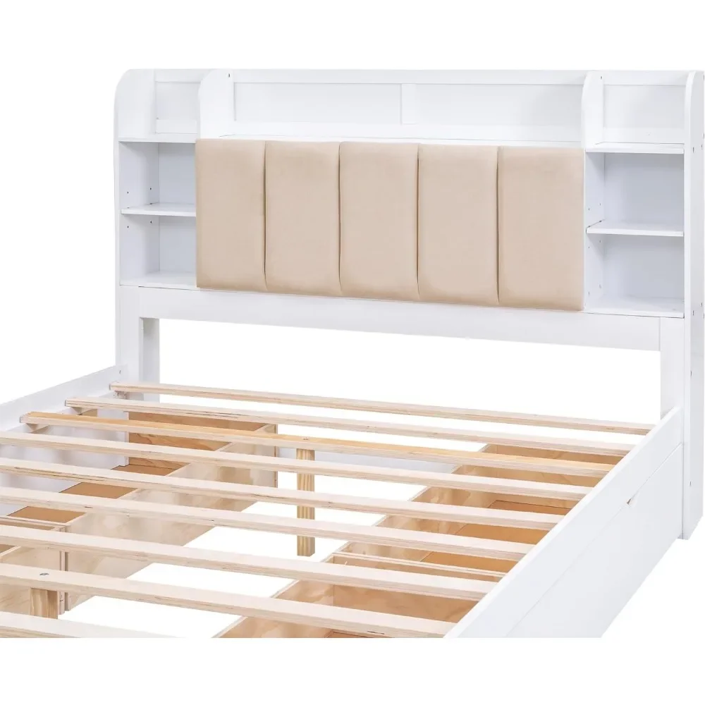 Queen Size Bed Frame With Storage Headboard,Shelves And 4 Drawers