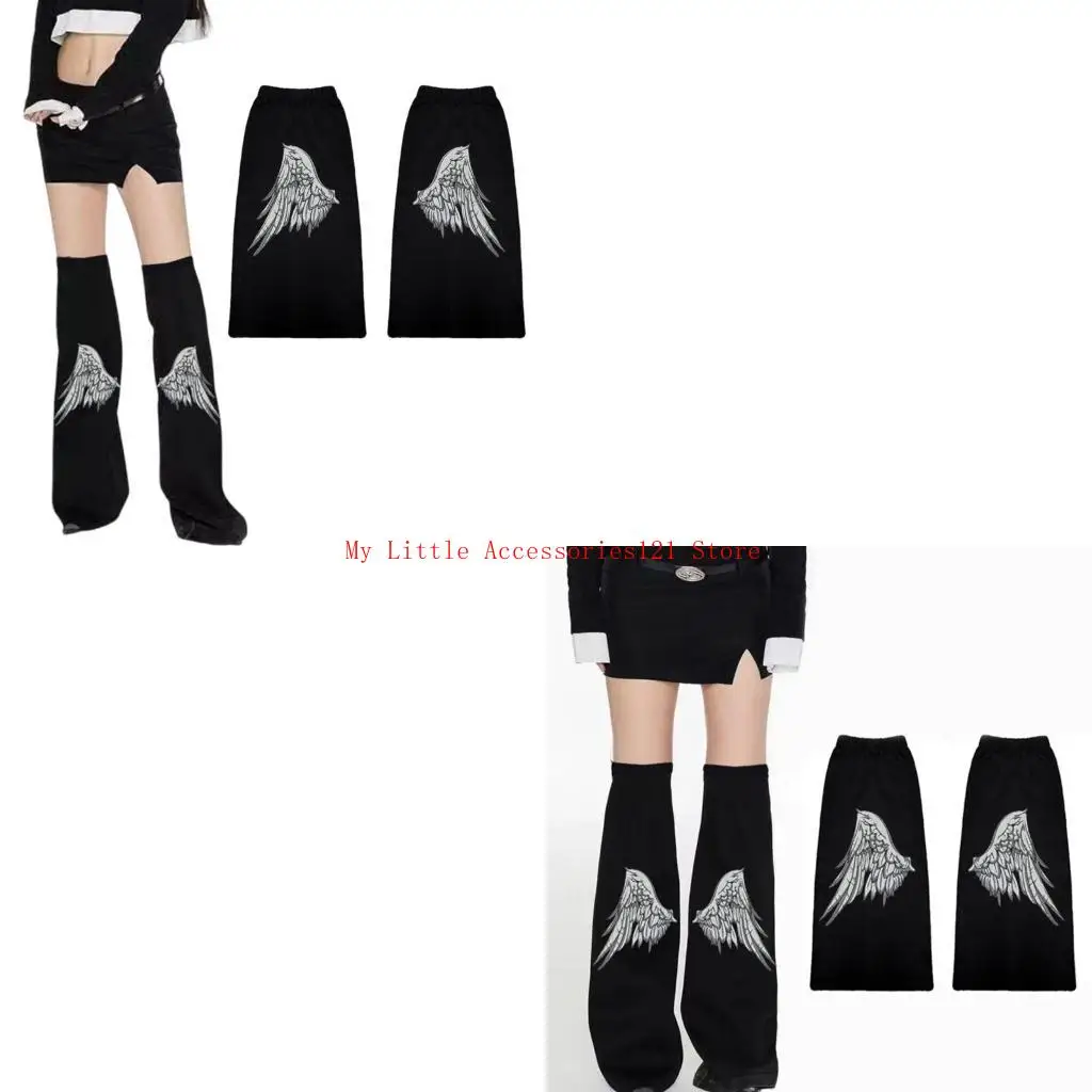 

Women Overknee Leg Warmers Punk Black Denims Angel Wing Print Flared Leg Covers
