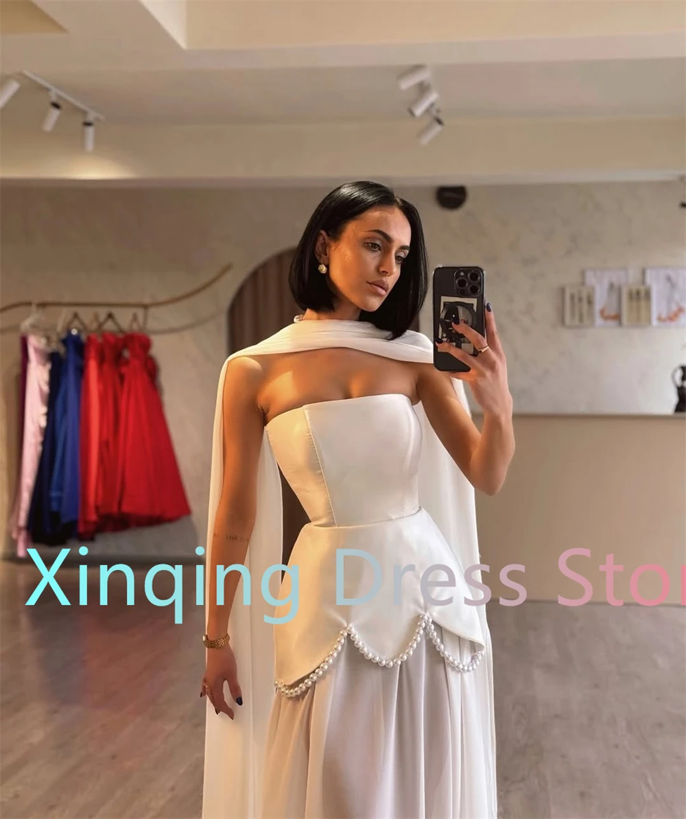 Customized  Graceful White Tulle Evening Dress Fashion Strapless Sleeveless Party Dress High Quality Chapel Train Prom image 5