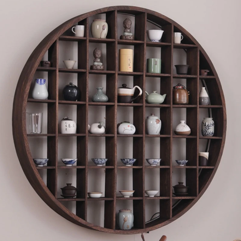 

Solid wood Duobao Pavilion wall antique rack, tea cup and tea set storage rack, Chinese style retro grid wall hanging display