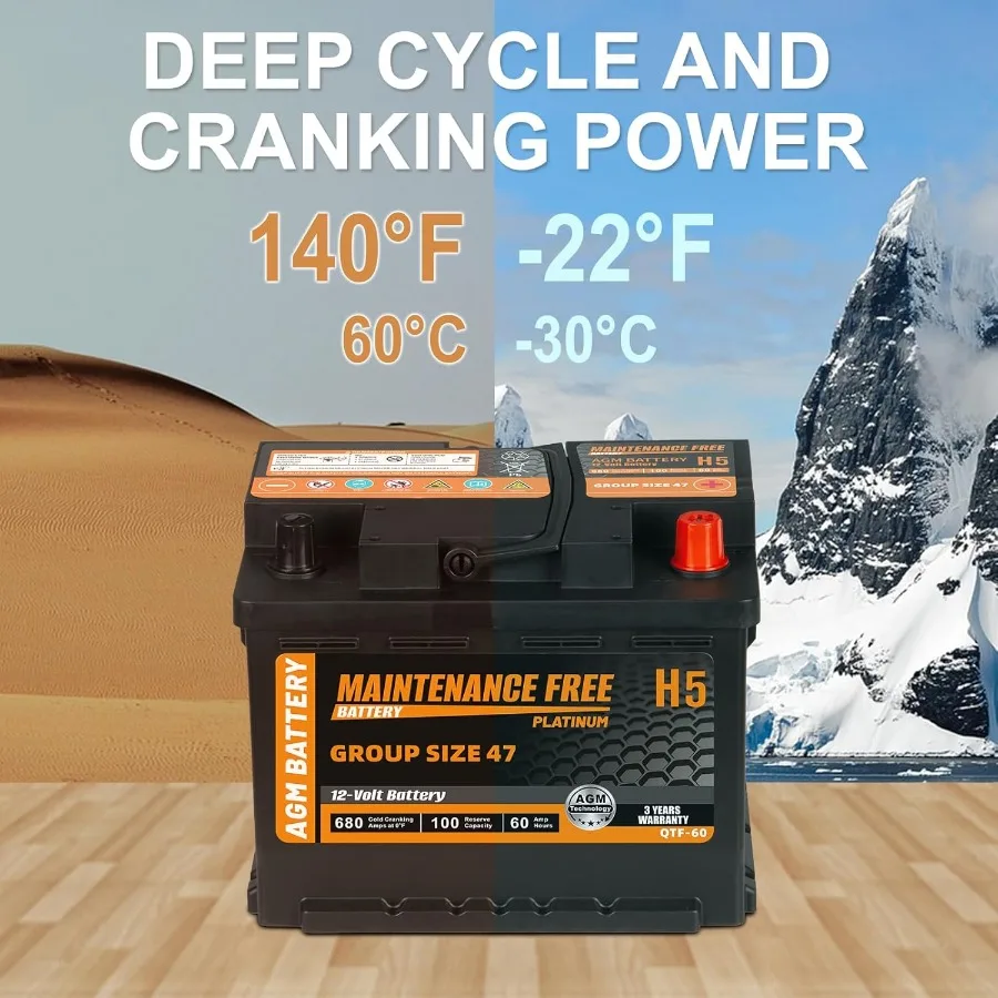 H5 Gruppengröße 47 Start und Stop AGM Kfz-Batterie 12 V 60 Ah 680 CCA 100 RC wiederaufladbare Autobatterie für Advanced Vehicle Ap
