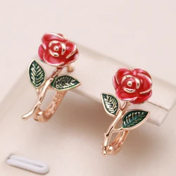 Kinel New Creative Rose Earrings For Women 585 Rose Gold Color Red Enamel Fashion Fine Jewelry Party Cute Vintage Drop Earrings