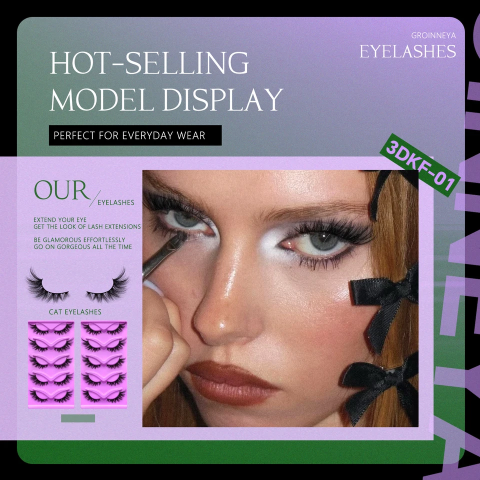 Pestañas Postizas Cat Eye GROINNEYA 5 Pares, Dramáticas y Voluminosas 8D, Suaves, Efecto Mink, para Maquillaje 6