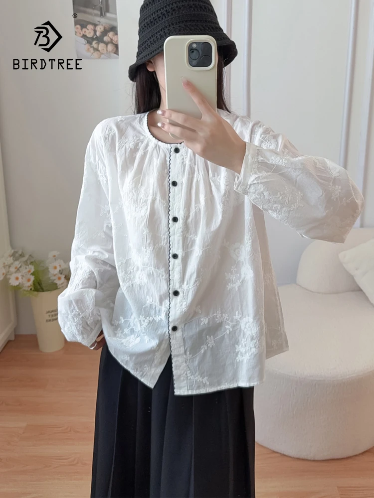 

New 2026 Summer Women Cotton Long Sleeve Shirt, O Neck Embroidery, Mori Girl Preppy Style Age Reduction Loose Blouse T66621CC