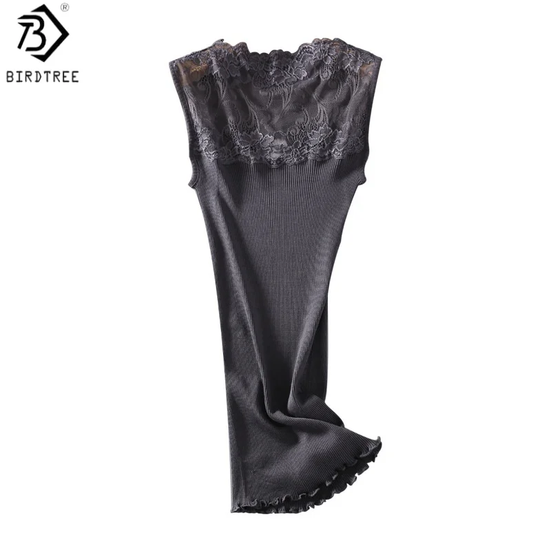 Birdtree, 70% Real Silk 30% Cotton Tank Top, Woman Basics Knitted Casual Tops, Seamless Lace Bottom Vest, 2026 New T62313JF