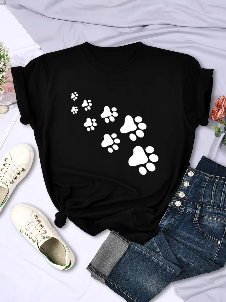 

Wear Breathable Round Neck Top Soft Creative Ladies Short Sleeve White Cat Paw Print T-shirt Women's Fashion Summer Casual