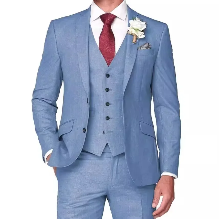 3 Piece Men\'s Retro Linen Men Suit Beach Wedding Suit Summer Slim Fit Linen Suit Groomsmen for Wedding(Blazer+Vest+Pants)