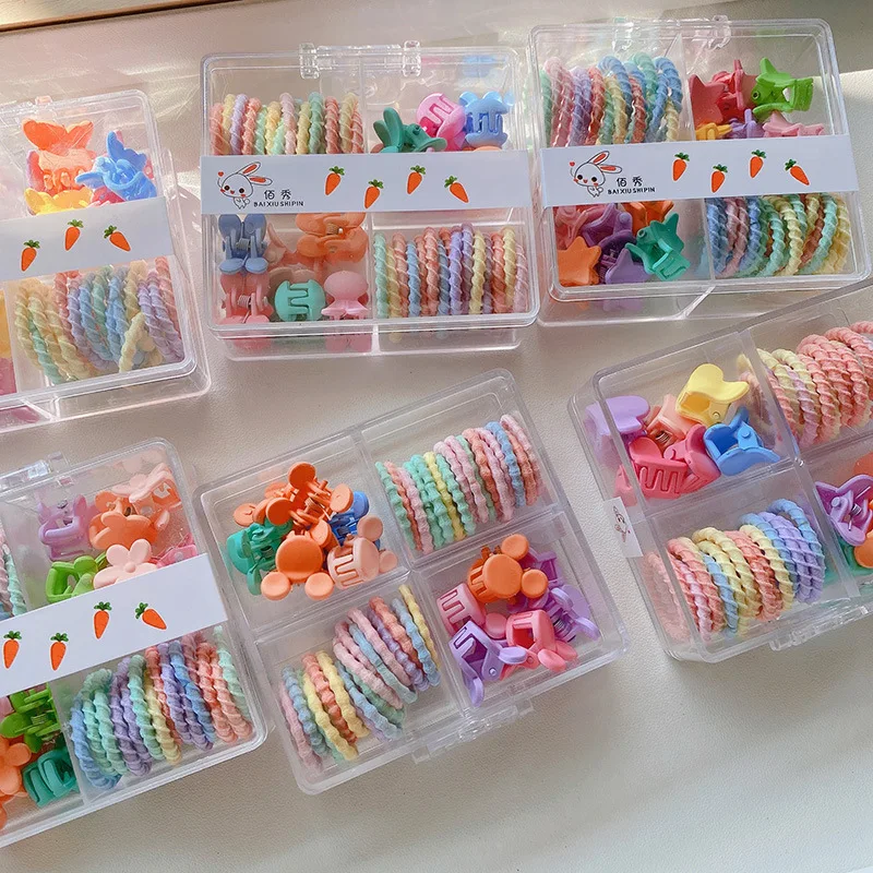 Cute Candy-colored Hair Accessories Set: Square Box with Colorful Hair Ties and Mini Hair Clips, suitable for Girls and Children