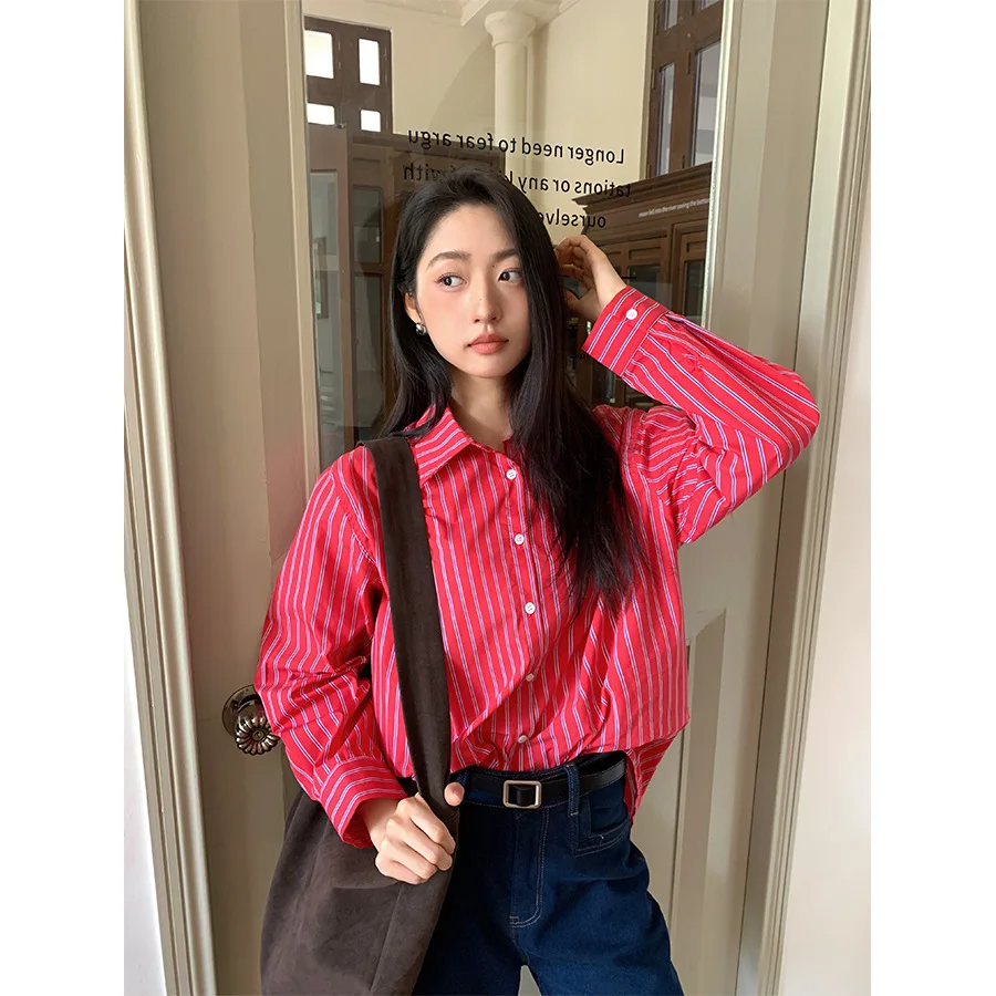 

Yesyellow Retro High nce Stripe Color irt Women's Button Nine Sve irt Loose Fit Long Sve mid Length
