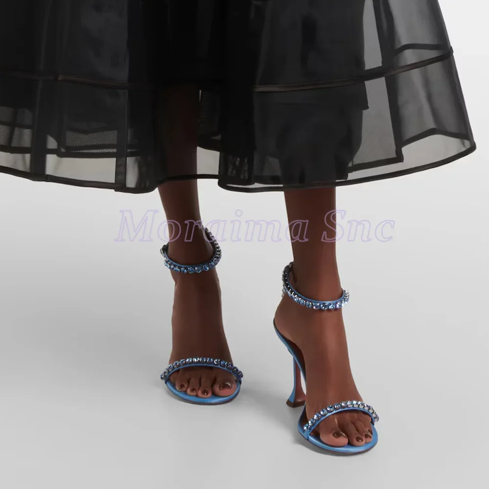 

Crystal Detailing Bling Satin Sandals Round Toe Ankle Buckle Strap Sexy Fashion Women's Dress Shoes Summer Banquet Blue Solid
