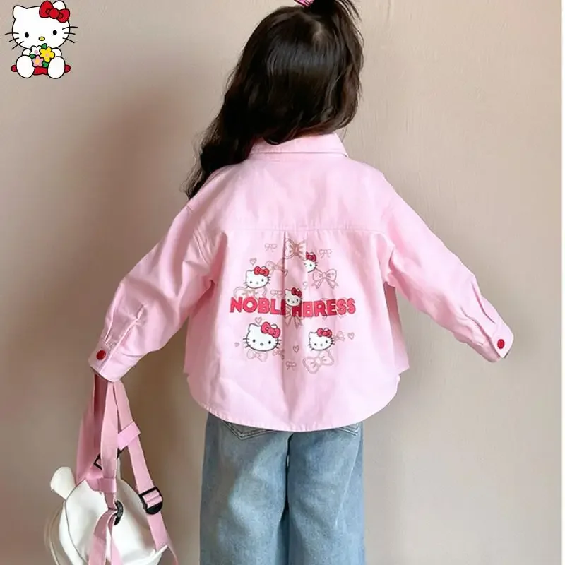 

Рубашка для девочек Hello Kitty с рисунком аниме Sanrio, кавайная весенне-осенняя новая футболка с длинными рукавами, куртка, приятная для кожи, мягкая, дышащая