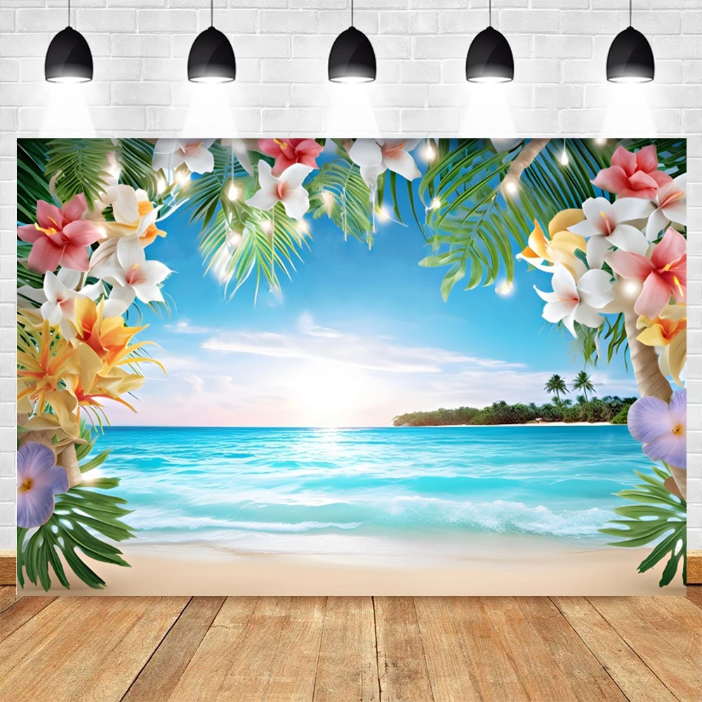 Summer Tropical Beach Hawaiian Backdrop Aloha Luau Seaside Flamingo Ocean Surfboard Holiday PartyBirthday Photography Background