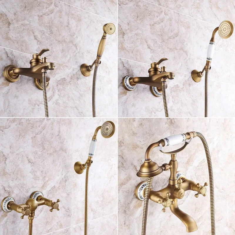 

Antique Bath and Shower Faucet Set Wall Mounted Bathroom Cold and Hot and Mixer Taps Brass