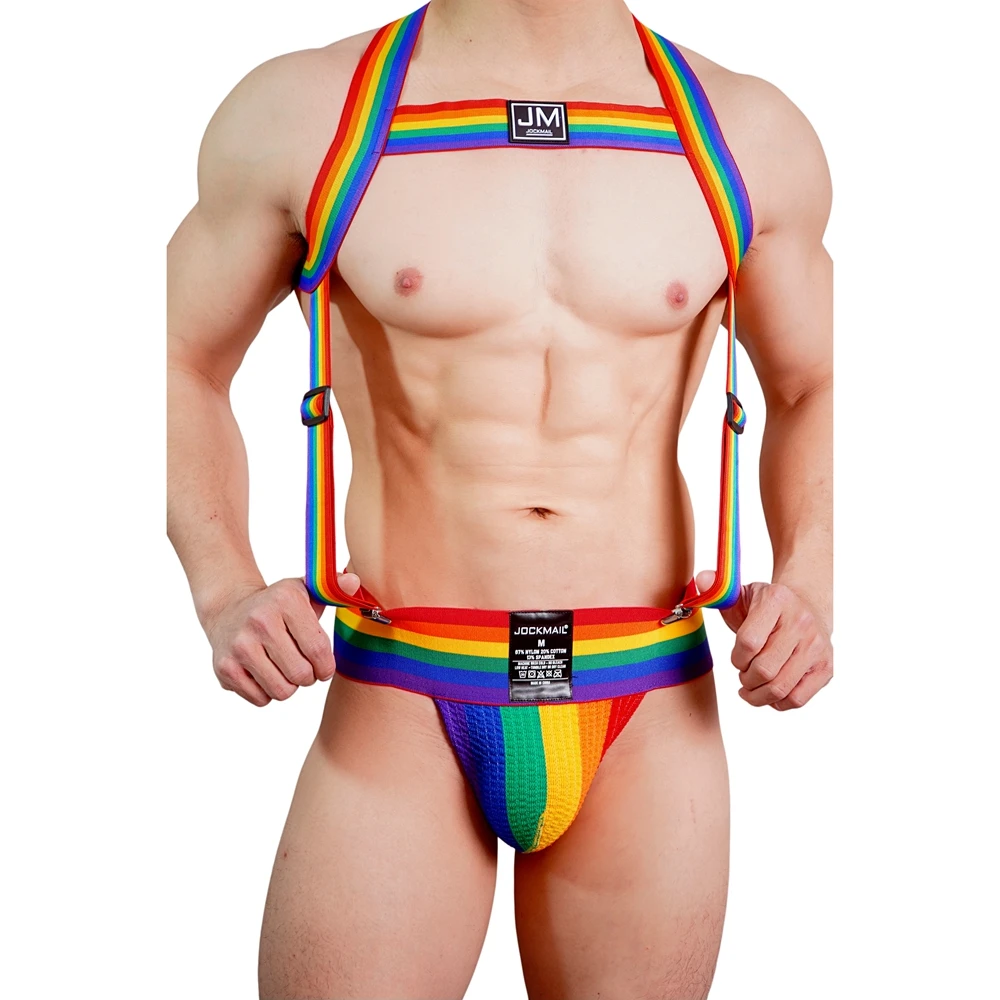 

JOCKMAIL Rainbow Body Harness Adjustable with 3" Wide Band Athletic Supporters Jockstrap Men Underwear Dancing At A Go-Go Bar