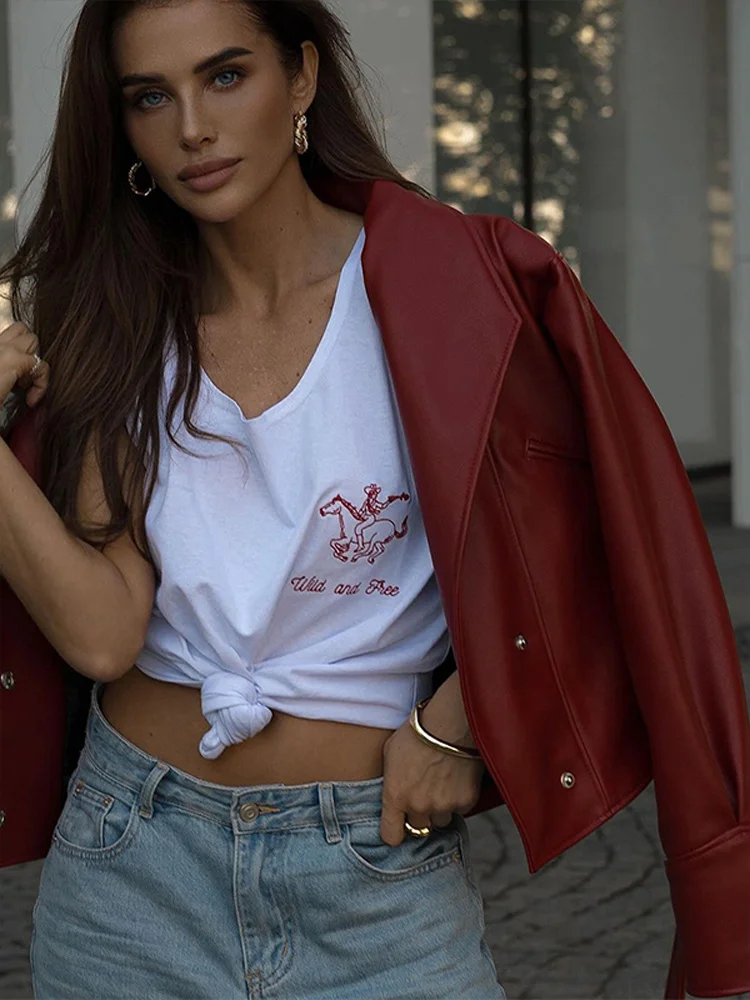 

Chic PU Leather Lapel Short Jacket Women Vintage Fashion Solid Buttons Belt Jackets Lady Autumn Versatile Casual Street Outwear