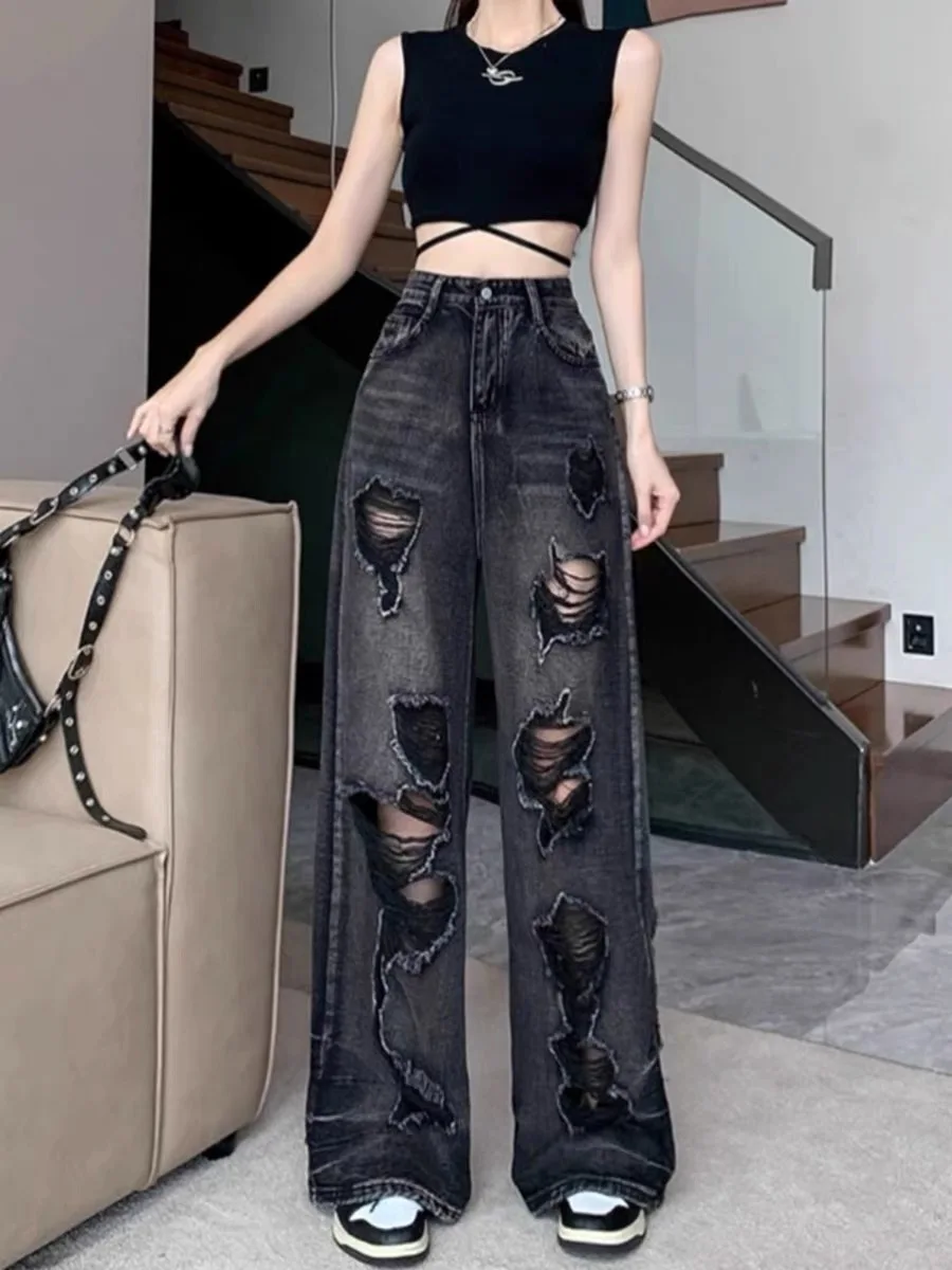 

American High Street Style Men Women Summer Hiphop plus Size Pear Body Slimming Floor-Length Wide Leg Jeans Denim Pants