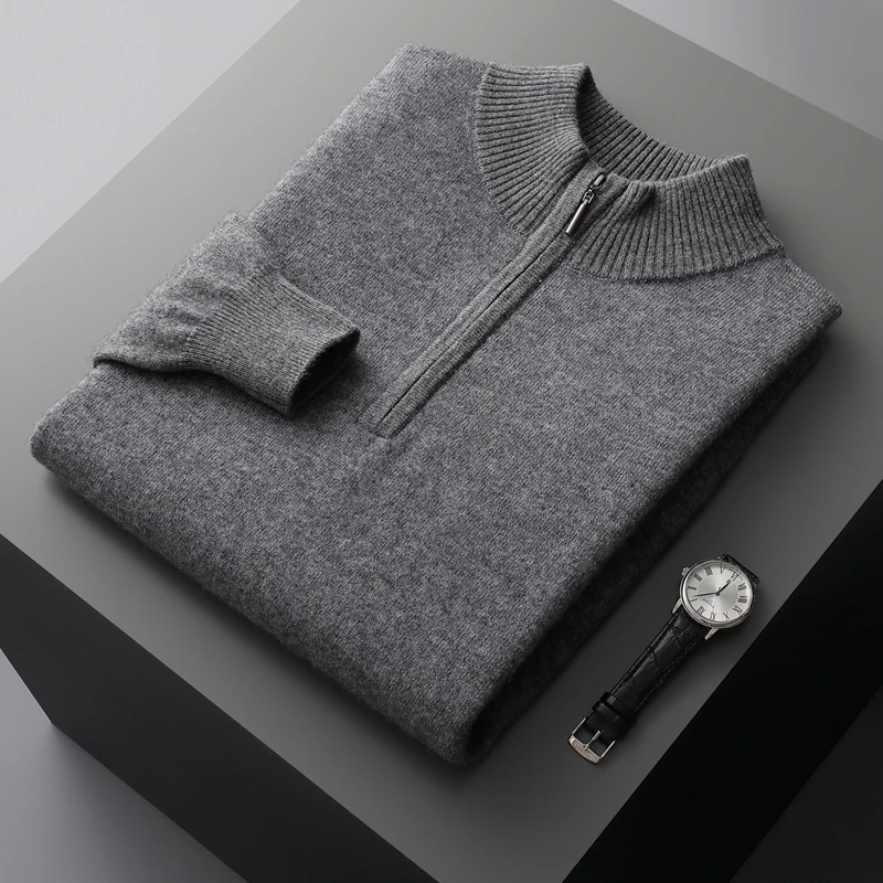New Half Turtleneck Zipper Men's Pullover 100% Cashmere Sweater Solid Color Casual Versatile Wool Sweater Men's Clothing