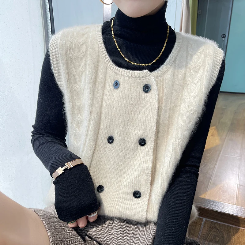 

Женский жилет из 100% австралийской шерсти, осенне-зимний вязаный универсальный свитер без рукавов, короткий женский пуловер, жилет с круглым вырезом, новый