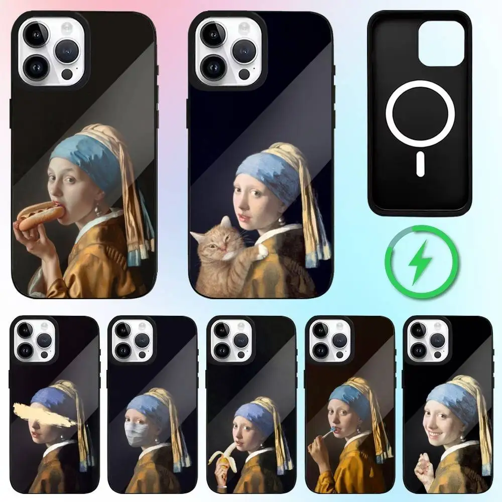 

Edgy Funny Art V-Vermeer Girl Painting Phone Case For iPhone17,16,15,14,13,12,11 Plus,Pro Max Magnetic Magsafe Wireless Charging