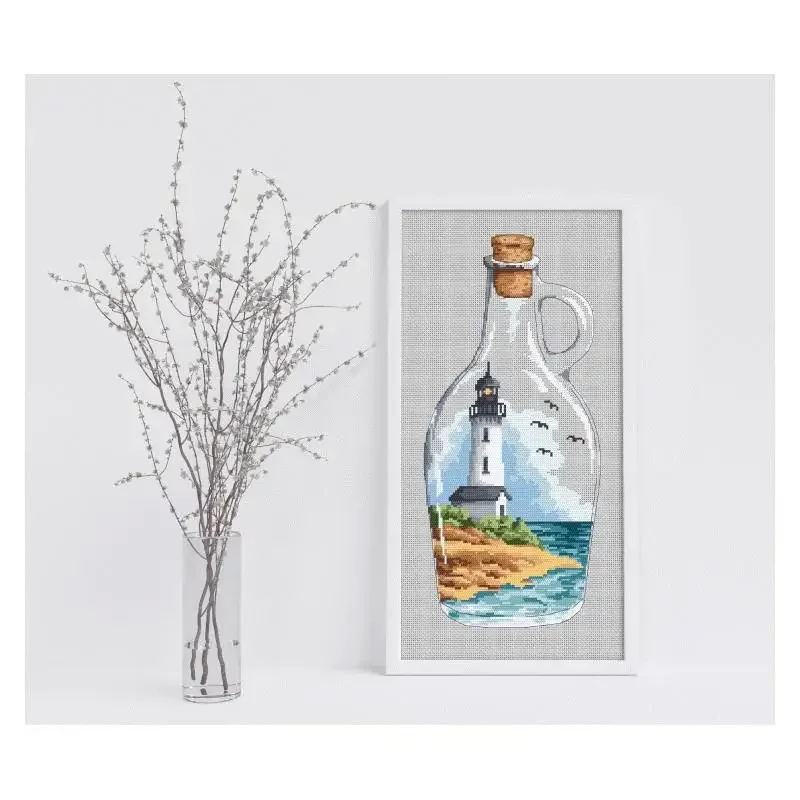 Gold Collection Schönes Kreuzstich-Set mit Zählmuster, Leuchtturm, Segelboot in einer Glasflasche, Landschaft am Meer, Vintage-Chic-Flaschen