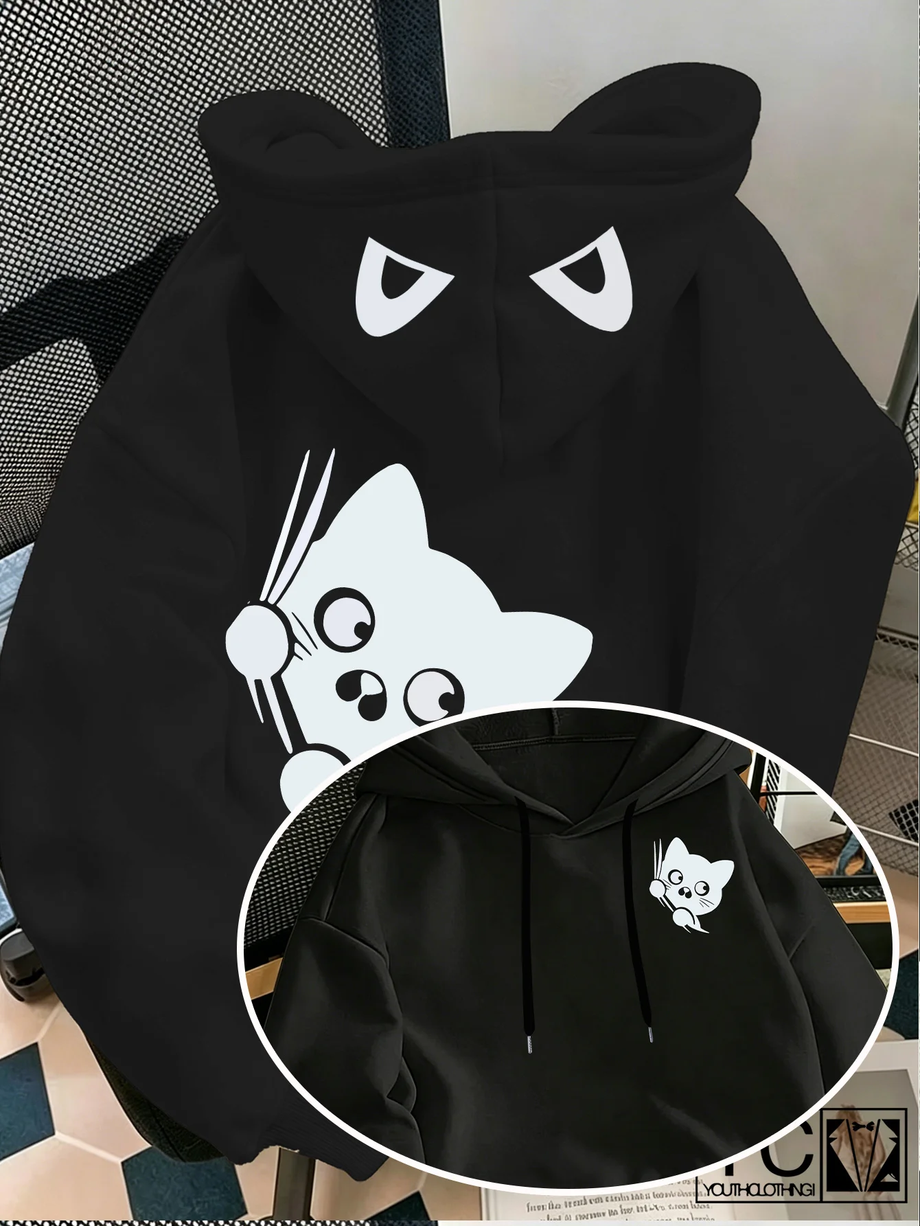 Herren-Hoodie mit süßer spähender schwarzer Katze, Cartoon-Katzen-Print, grauer Oversize-Pullover, Streetwear-Sweatshirt für Herbst und Winter – Detail 8