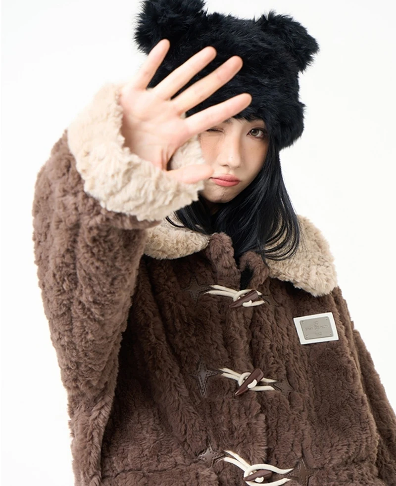 Chic Brown Women Shearling Jacket Toggle Button Coat Contrast Collar Loose Cozy Preppy Streetwear Winter Outerwear Top