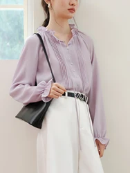 ZIQIAO Long-sleeved French Style Chiffon Shirt For Female 2024 New Purple Elegant Style Lotus Leaf Collar Top 24ZQ93048