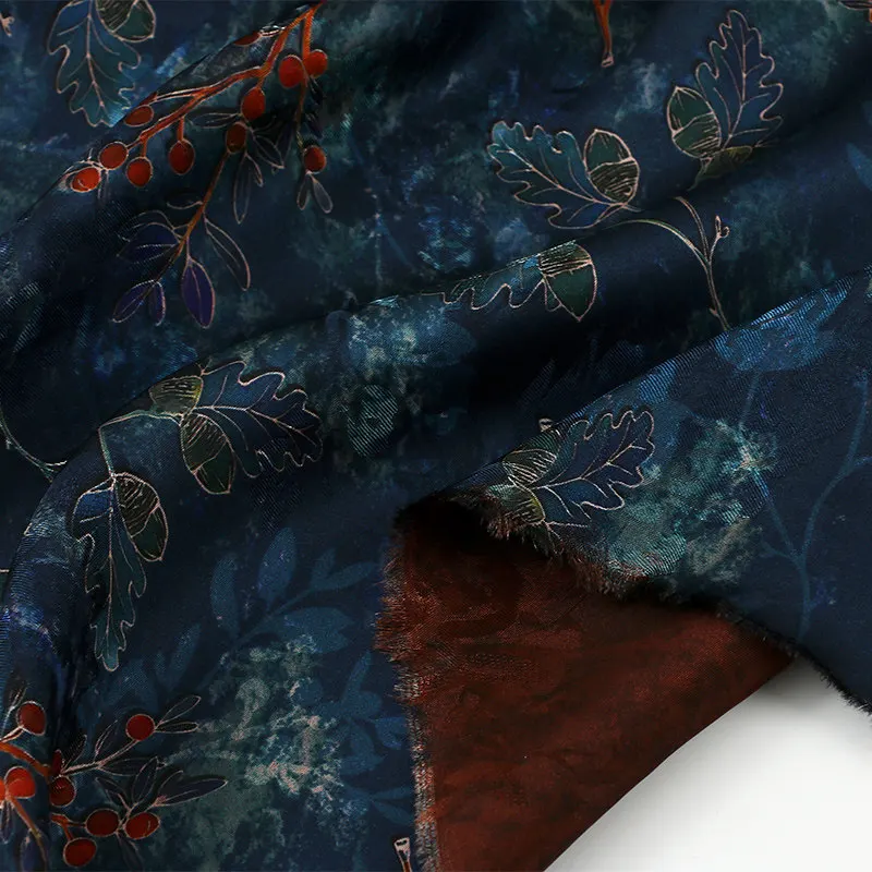 

Deep Blue Plant Flowers Pure Human Silk Fragrant Cloud Yarn Printed Fabric Chinese Qipao Clothing Bag Hair Accessories Fabric