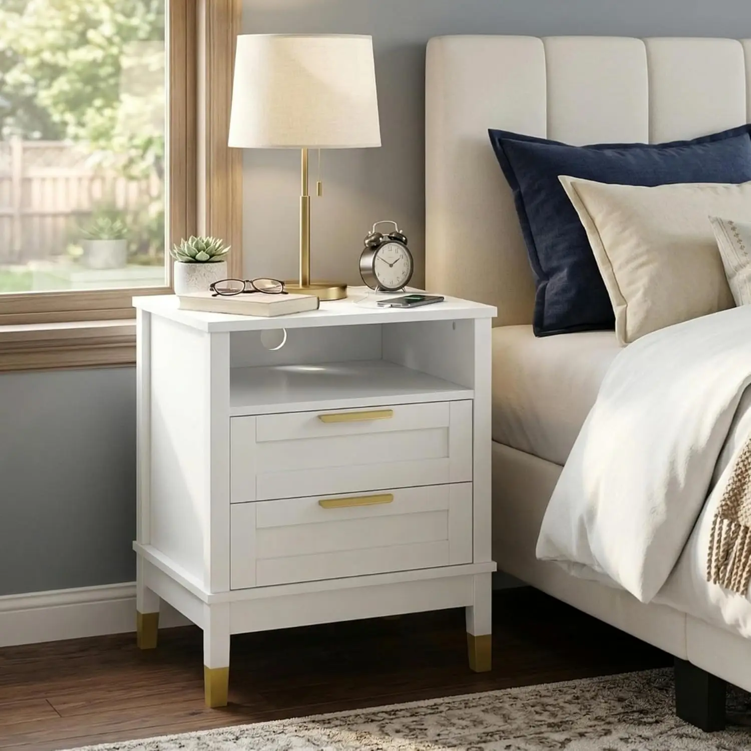 

Прикроватная тумбочка с 2 ящиками, зарядной станцией и местом для хранения для спальни и гостиной, 15,5x18,9x24 дюйма, белая, на заказ