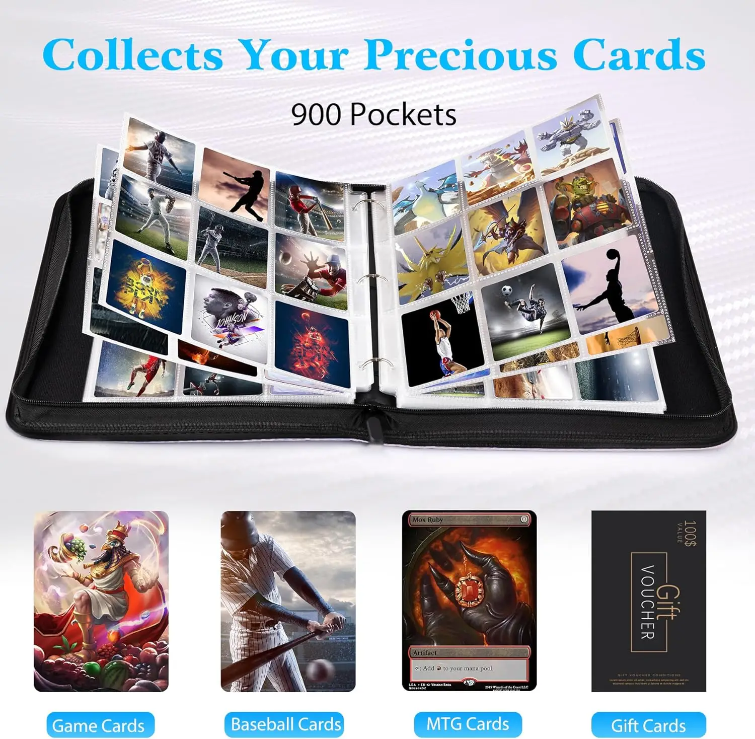900 Pockets Card Binder Sleeves with Zipper, Double Sided Pockets Card Holder Carry Card Case for TCG CCG Card Storage(Black)