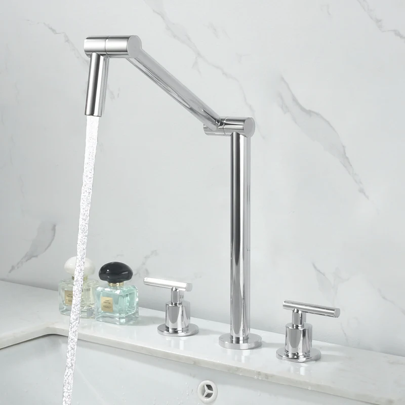 Modern 8 Inch Basin Sink Faucet Deck Mounted Three Hole Bathroom Folding Sink Faucet Double Handle Hot and Cold Mixer Tap Chrome