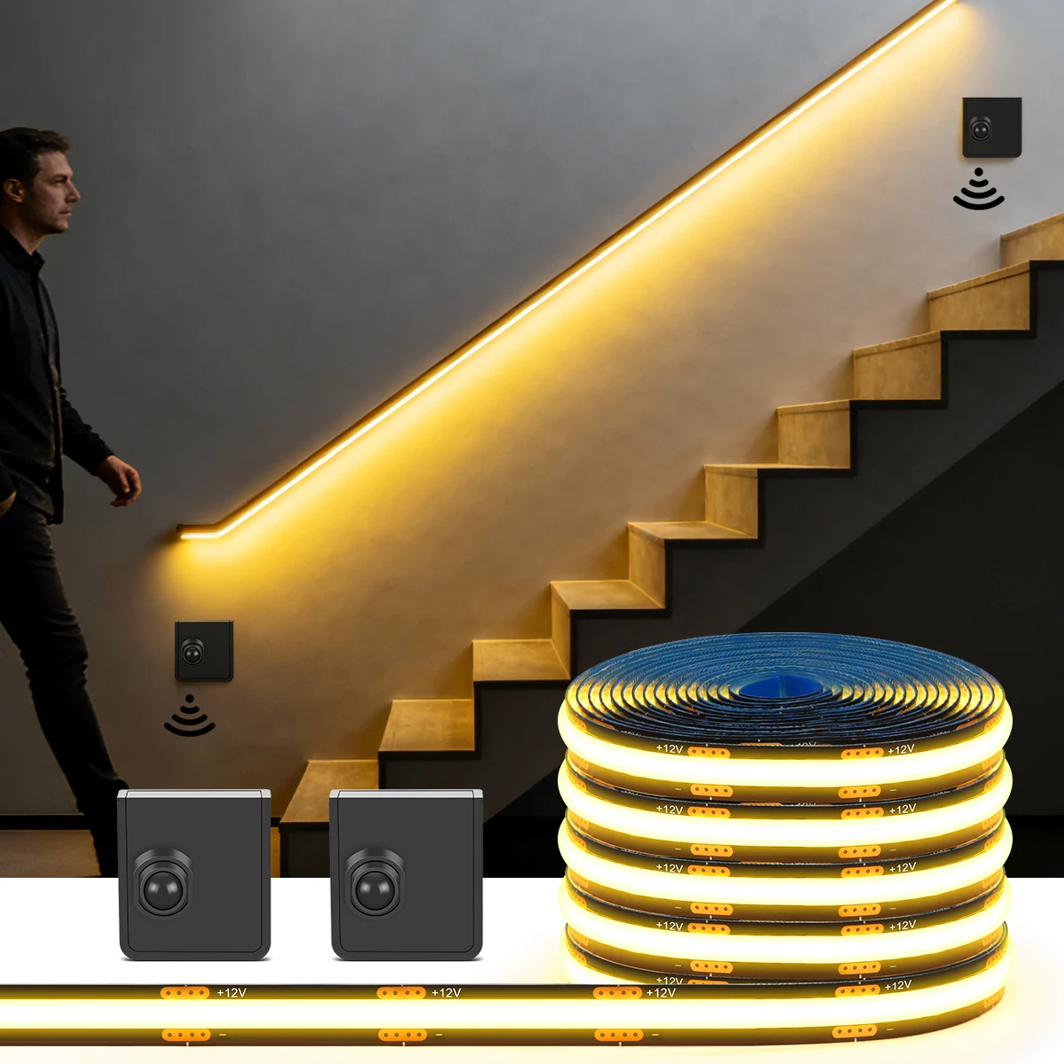 Dual Motion Sensor Activated LED Night Light Strip COB 12V For Stair Step Lamp For Pathway Bedside Corridor Basementm Cabinet