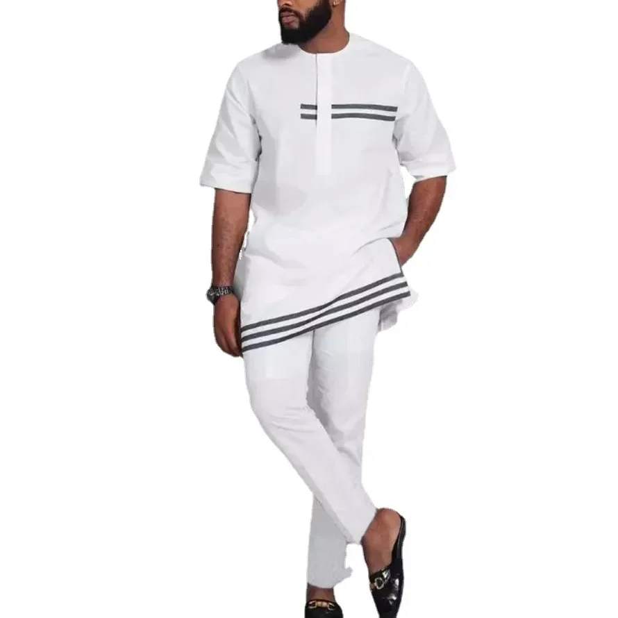 Abaya Men Striped Round-neck Long-sleeved Casual and Simple Suit Sets Traditional Clothing in Arabia, Turkey and The Middle East