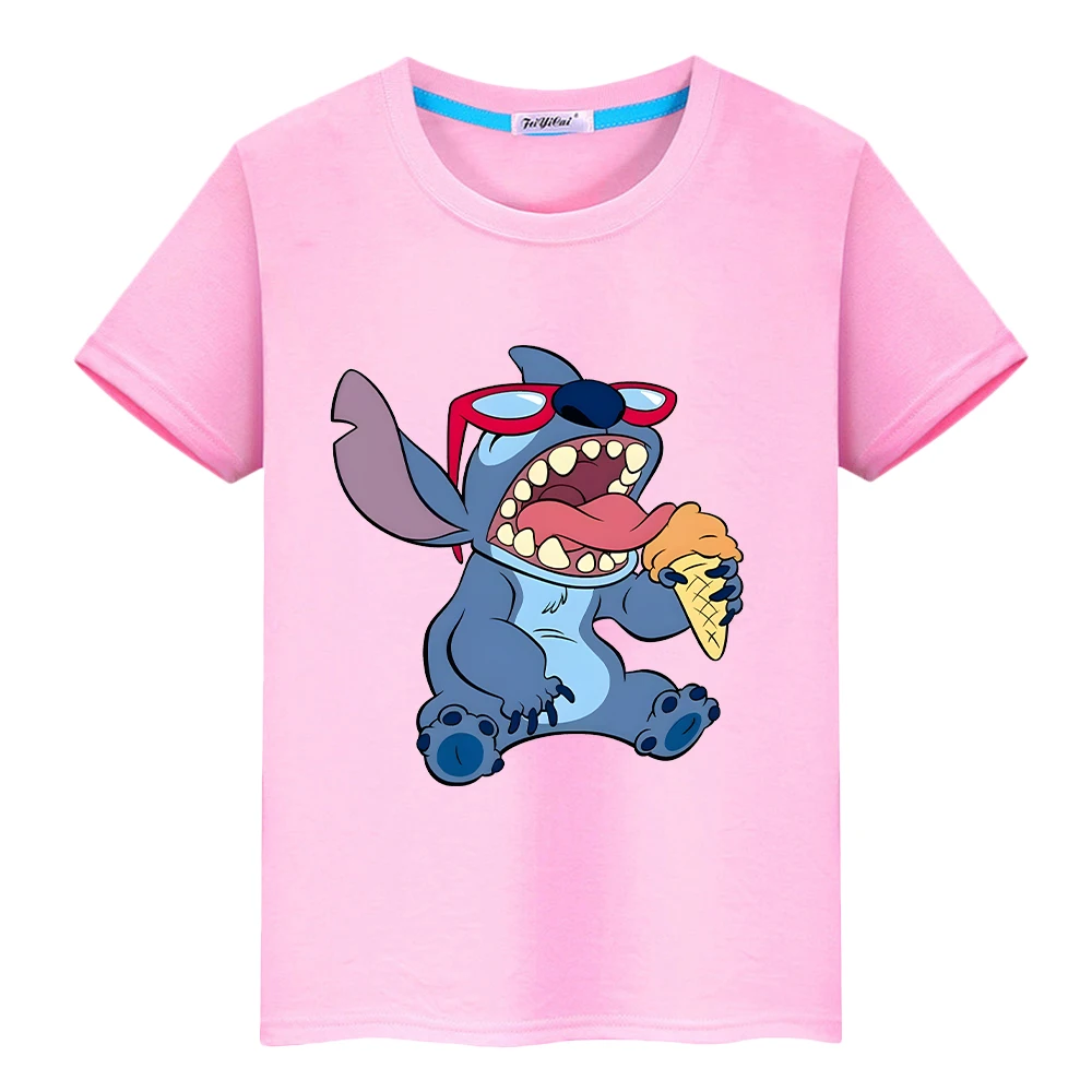 Stitch 100% algodão impressão t camisa para crianças menino 10 anos disney curto topos y2k uma peça halloween bonito anime camisetas crianças roupas menina