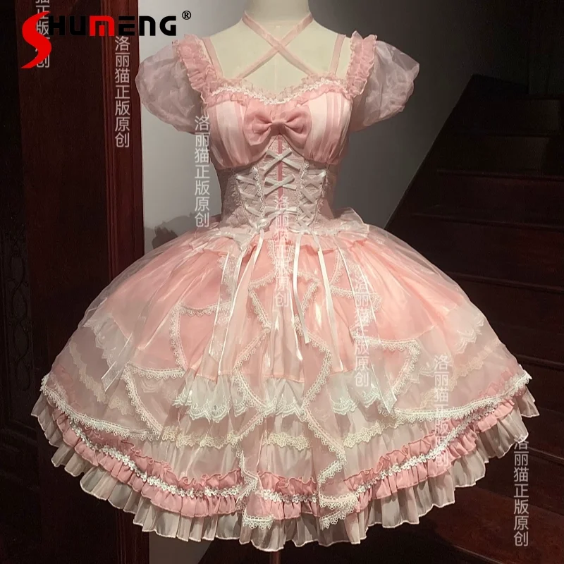 

Pink Lolita Dress Op Soft Girl Sweet Princess Dress Women's High Waist Slim Elegant Bow Lace Mini Party Dress Vestidos Summer