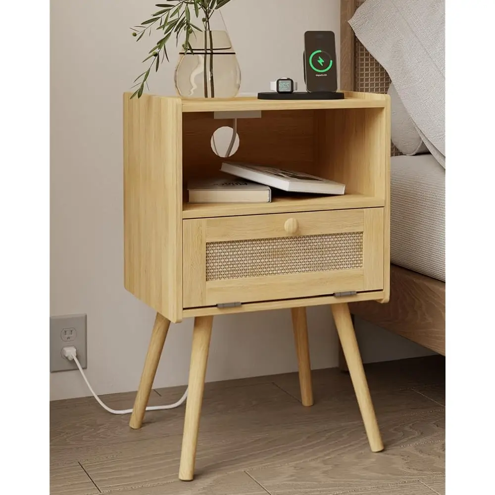 

Rattan Nightstand,Farmhouse Bedside Table With Storage Drawer And Open Shelf,Modern Boho Small Side End Table For