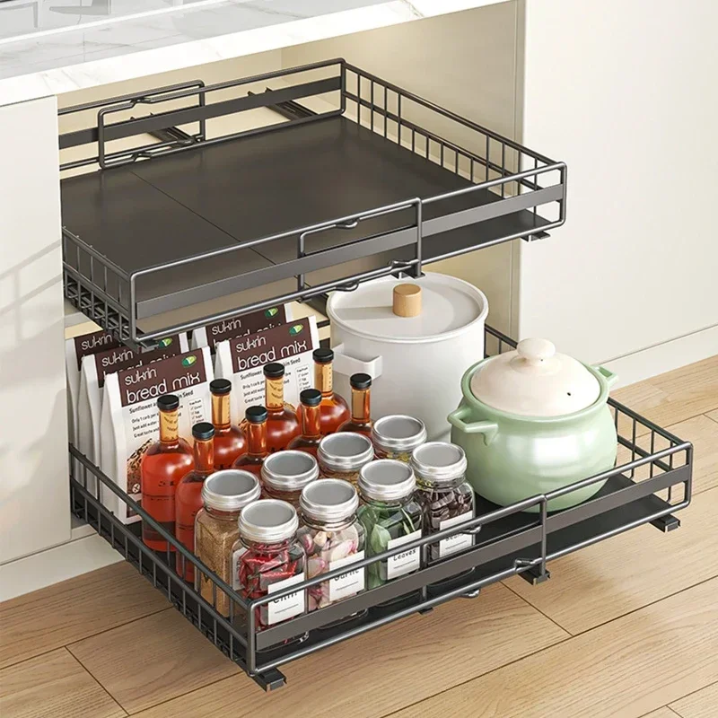 Kitchen retractable storage rack No punching, drawer type, pots, seasonings, dishes, basket, sink, pull rack