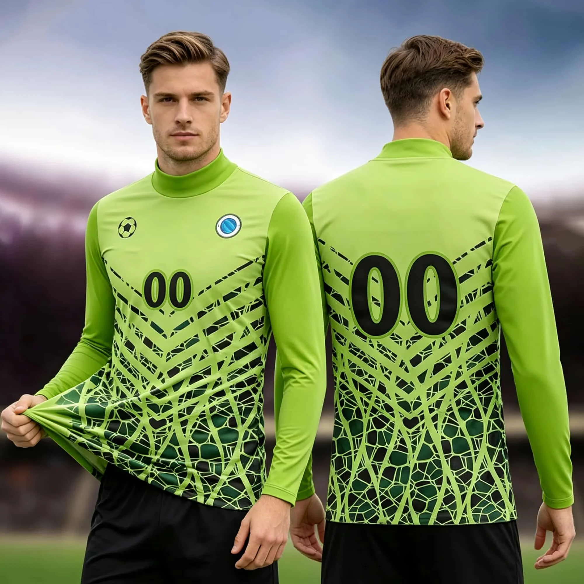 Men Long Sleeve Football Goalkeeper Shirt Bright Green Crack Web Print Number 00 Sports Training Jersey Mock Neck Soccer Top
