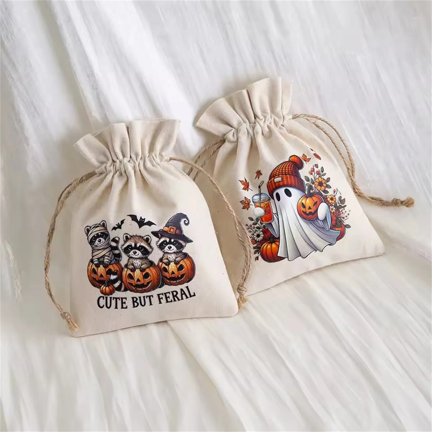 50pcs 9x12cm Happy Halloween Drawstring Cotton Bags Muslin Bracelets Pumpkin Candy Cookies Goodies Packaging Canvas Linen Pouch