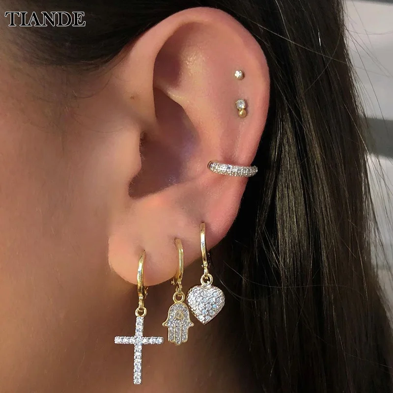 TIANDE Gold Plated Dangle Earrings for Women Zircon Piercing Heart Cross Hamasa Hand Drop Earrings 2022 Jewelry Wholesale