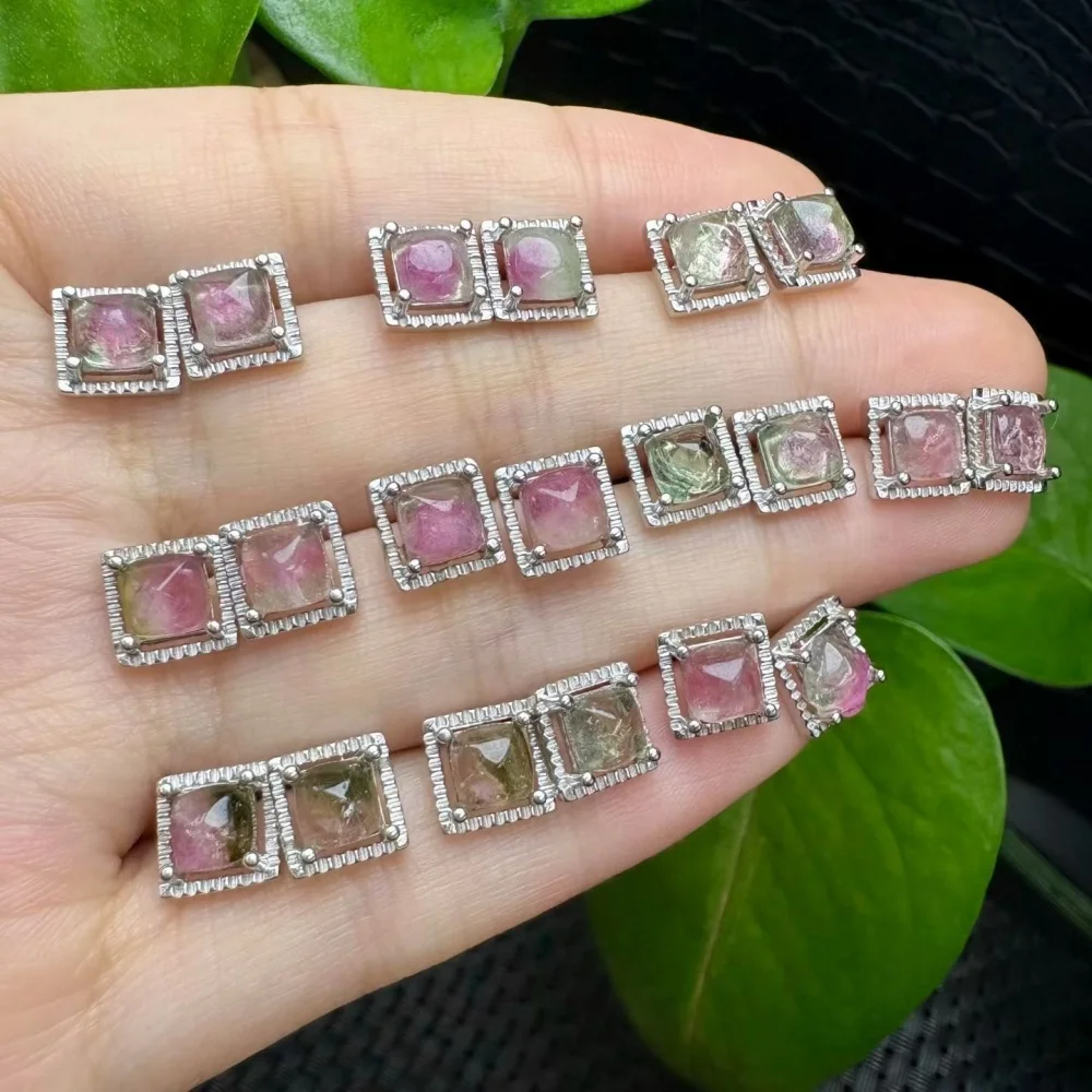 S925 Sterling Silver Natural Watermelon Tourmaline Earrings Fashion Elegant Jewelry Crystal Women's Birthday Gift Mature 5mm