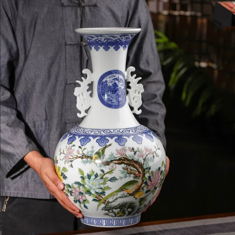 50cm/Jingdezhen Large Ceramic Flower Arrangement Vase Decoration Living Room Entrance Floor to Floor Large Vase Retro Middle Hal