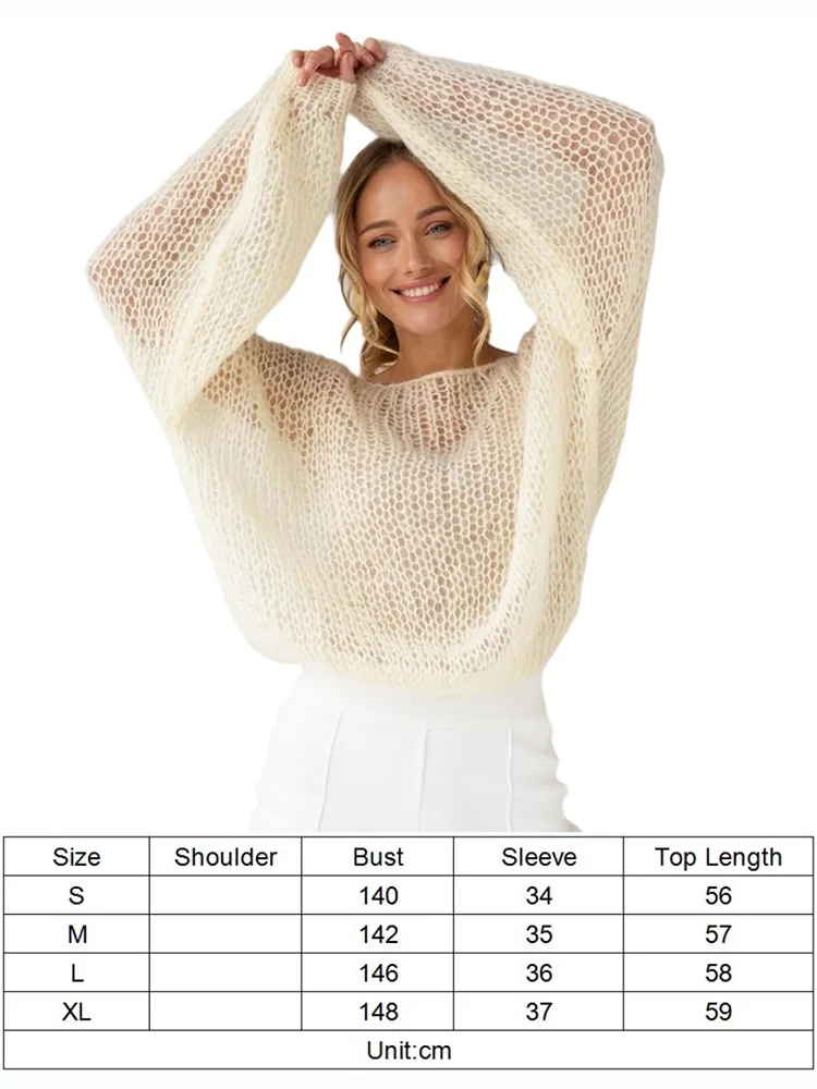 TYHRU Spring Summer Women\'s Knitted Sweaters Lady Hollow out Mesh Thin Pullover See Through Look Lantern Sleeve Loose Tops Smock