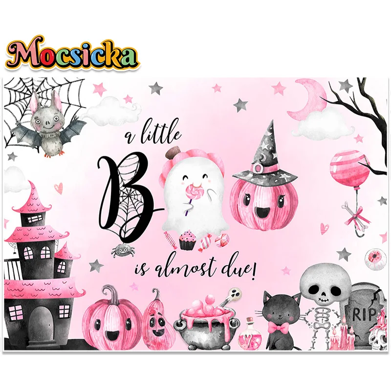 Mocsicka ฉากหลังถ่ายภาพสีน้ำฮาโลวีนสีชมพูน่ารักฉากหลังเด็กผู้หญิงฮาโลวีนสีชมพู