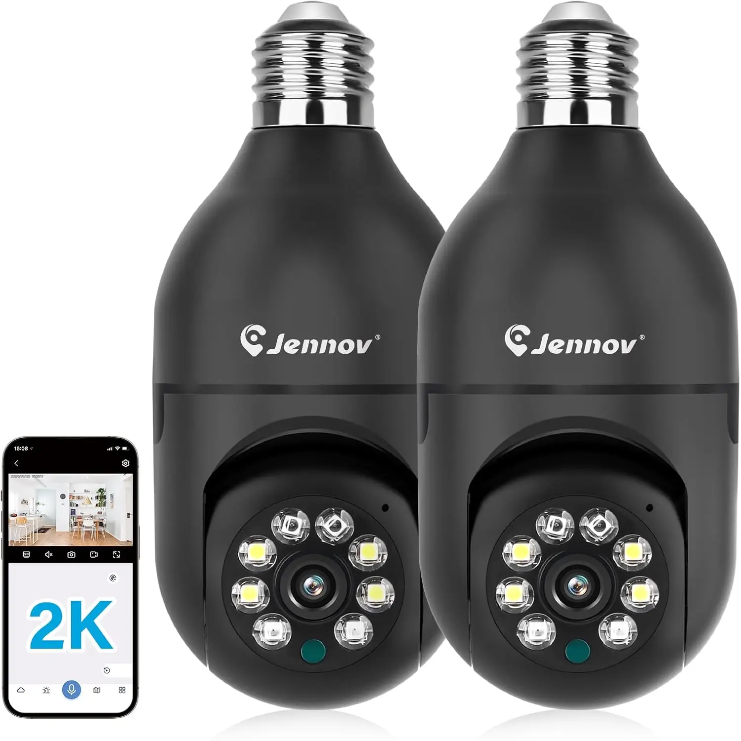 Jennov 2Pcs 2K WiFi Light Bulb Security Camera Wireless Outdoor - Cameras for Home Security Outside, Light Socket Indoor Camera