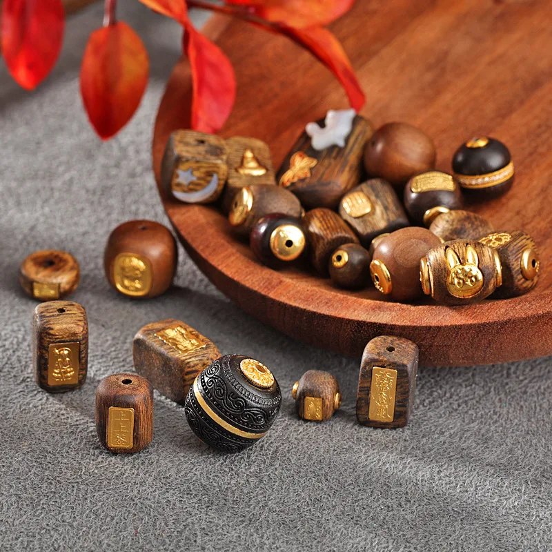 Chinese Traditional Auspicious Lucky Natural Agarwood Sandalwood Beads 925 Sterling Silver Gold Plated Spacer Beads Patches For view 4