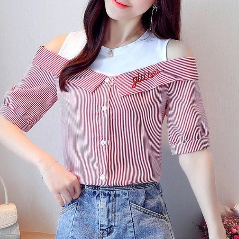 2024 Summer New Fashion Off Shoulder Fake Two Piece Shirt Women\'s Striped Tank Top Short Sleeve Shirt Fashion Casual Letter Top