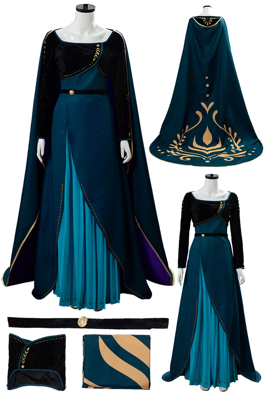 Anna Cosplay Coronation Queen Dress Costume Dark Green Dress Long Ball Gown Cape Outfits Cartoon Movie Ice Women Halloween Suit